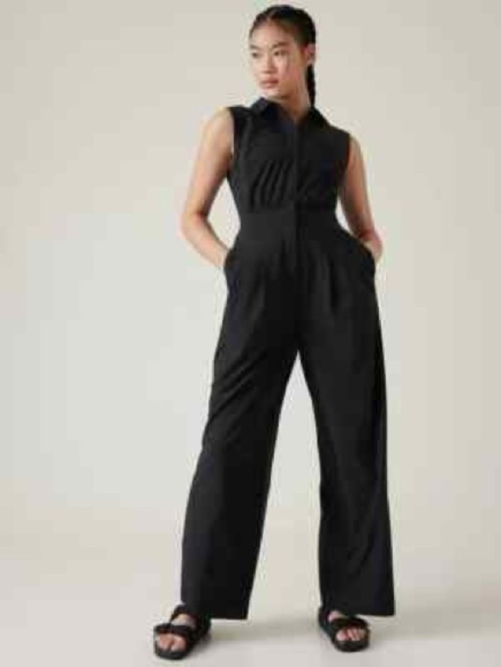 NWT Athleta Brooklyn Heights Wide Leg Black Sleeveless Collared Jumpsuit Size 14